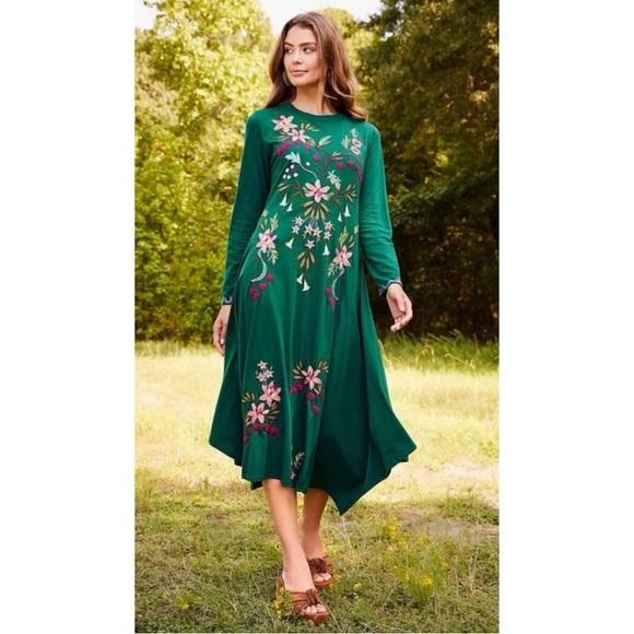 Johnny Was Amarylla Dress Small Emerald Green Cotton Embroidered Asymmetric Boho - Picture 4 of 14